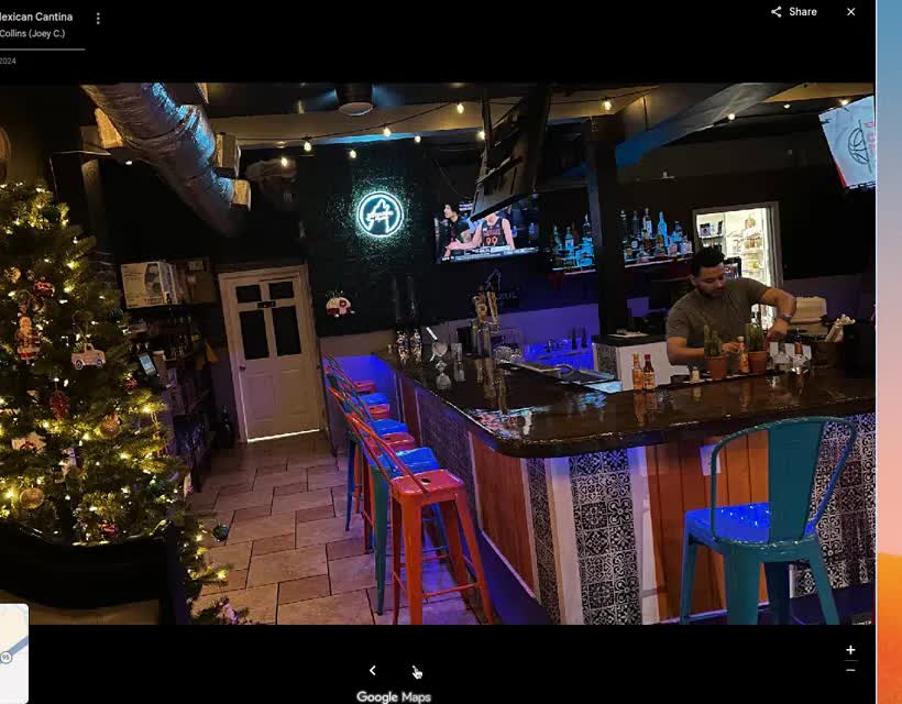 Turquoise and orange stools at the bar